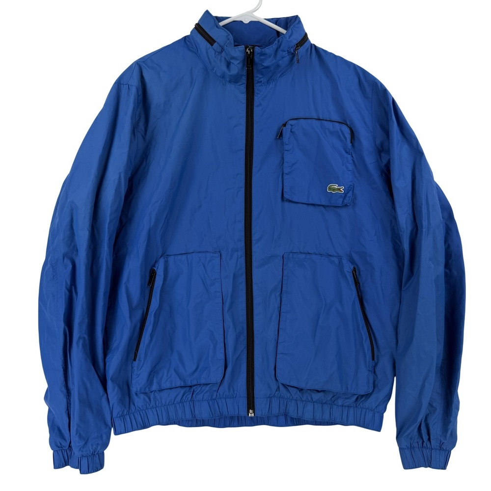 Lacoste Jacket Mens 50 Large‎ Blue Hooded Full Zip Windbreaker Pockets Lined Y2K